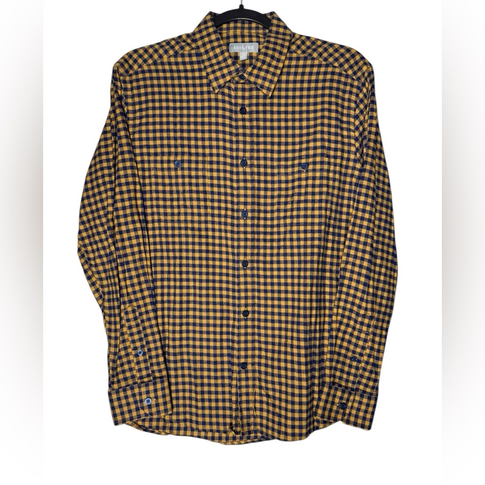 Ash & Erie Shirt Medium Slim Fit Gingham Blue Tan Casual Preppy Button Down